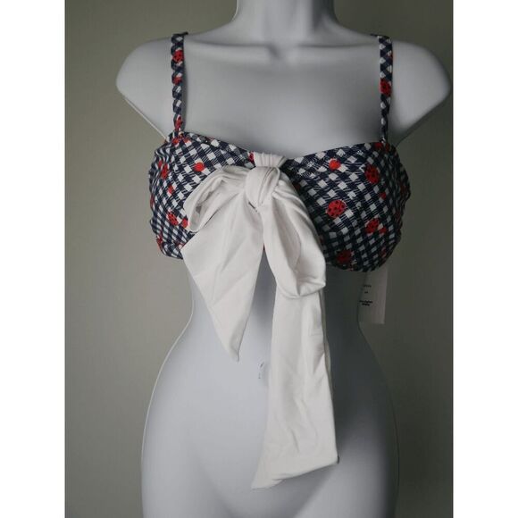Unique Vintage Navy Gingham Ladybug Bikini Top L Swim Retro Pin-Up L - Picture 2 of 8